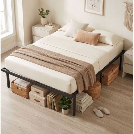 Estructura de cama metálica 140 x 200 cm con almacenaje bajo cama, somier de lamas, negro, OKWISH (1/5)