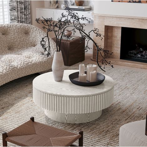 Tavolino rotondo 75 cm con contenitore, MDF e impiallacciatura in legno, bianco rétro DESVIAE (1/5)