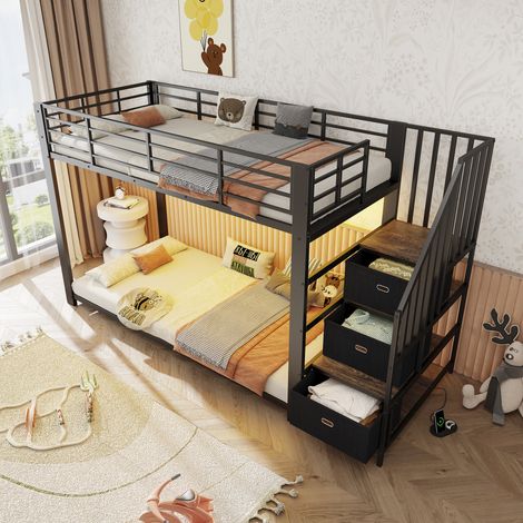 Lit superposé adulte 90 × 200 cm en métal avec escalier de rangement, LED, prises et USB, escalier réversible gauche ou droite - Noir (1/5)
