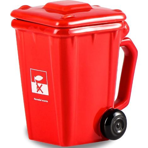 Ceramic Coffee Mug in the Shape of a Trash Can, Porcelain Mug with Handle and Recycling Wheel, Gift for Men, Women, Friends, Brothers, 400ML (Red) (1/5)
