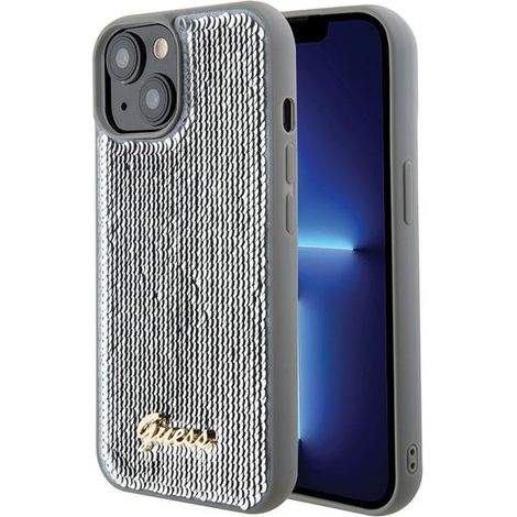 Guess GUHCP15SPSFDGSS iPhone 15 / 14 / 13 6.1 custodia rigida argento/argento con scritta in paillettes e metallo (1/5)