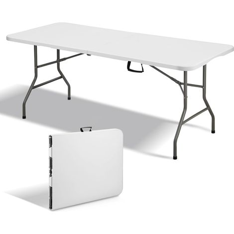 Teeno – Table pliante rectangulaire 180 x 74 x 74 cm – Poignée de transport – Verrou de sécurité – Capacité 150 kg – Pour 6 à 8 personnes – Blanc