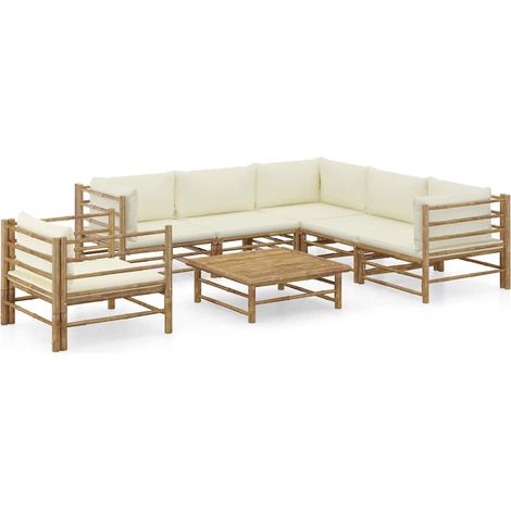 Salon de jardin 7 pcs Ensemble Table et Chaise de Jardin - avec coussins blanc crème Bambou BV282812 - BonneVie (1/5)