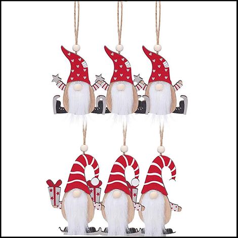 Conjunto de 6 adornos navideños, gnomo de peluche y madera, adorno colgante para el árbol, decoración festiva para el hogar. (1/5)