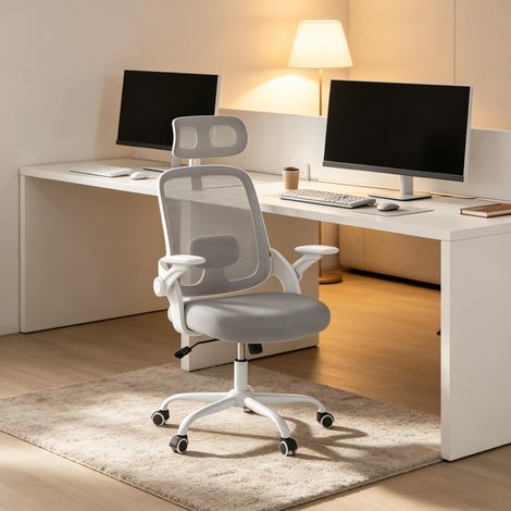 Sedia da Ufficio Ergonomica, Schienale Alto Inclinabile, Poggiatesta e Braccioli 3D Regolabili, Rete Grigio Chiaro