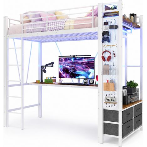 Lit mezzanine 90 x 200 cm gain de place avec bureau, 4 tiroirs, étagères, tringle, LED multicolore, prises USB et USB-C, cadre métal MDF blanc - CHICFURN (1/5)