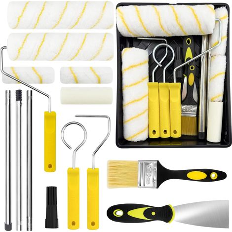 Lot de 18 rouleaux de peinture avec barre télescopique de 1,2 m – 23 cm + 11 cm – Rouleaux de peinture, pinceau, grattoir et bac à peinture – Rouleau de peinture pour mur et plafond (1/5)