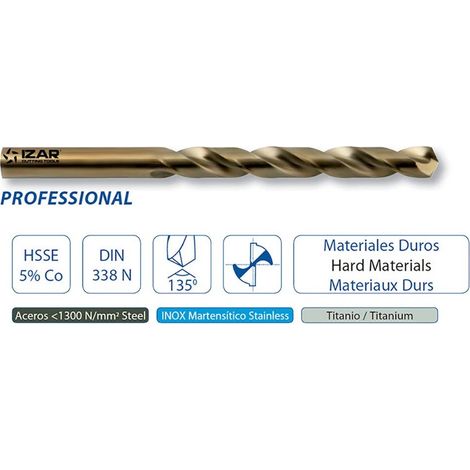 Foret HSSE 5% Cobalt IZAR DIN338N - Perçage Acier Dur, Inox et Titane - D.4,5 mm - Angle 135 (1/2)