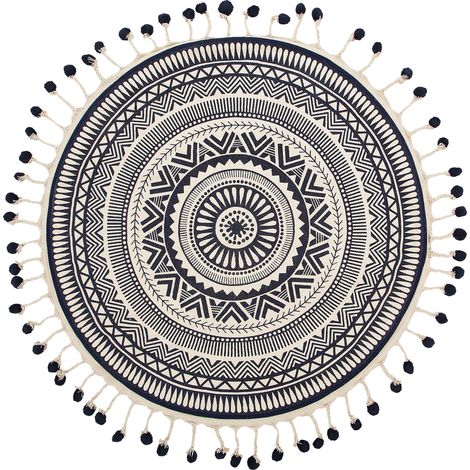 Alfombra de salón de algodón crema con borlas redondas ø 120 cm crema azul marino Tatvan