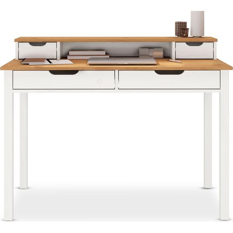 Idimex – Bureau droit en bois massif chêne/blanc – 2 grands tiroirs – Plateau surélevé pour écran – Dimensions 87x114x54 cm
