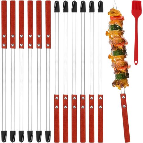 Grillspieße Edelstahl 12 Stück – 40 cm lange flache Schaschlikspieße, wiederverwendbar mit Schutzkappen & Silikon-Pinsel, Adana Kebab Spieße BBQ Grillzubehör