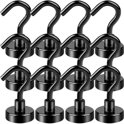 Crochets magnétiques noirs, 30 lb, robustes, avec revêtement époxy, pour réfrigérateur, suspension, salle de classe, bureau et cuisine - Paquet de 12 (1/4)