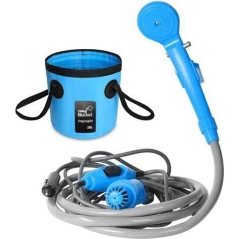 Tragbare Campingdusche, Wanderdusche mit Tauchpumpe, wiederaufladbarem 2200-mAh-Li-Ionen-Akku, zwei Ersatzduschköpfen und einem faltbaren Eimer für Camping und Wandern