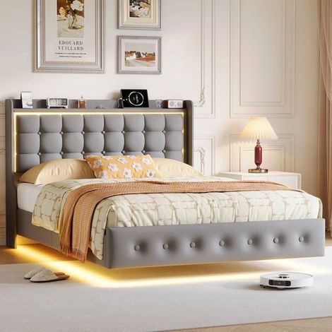 Estructura de cama para adultos 160x200 cm, Cama doble acolchada 160x200 cm, Cama flotante, cama suspendida, LED y somier de lamas incluido, Gris (1/5)