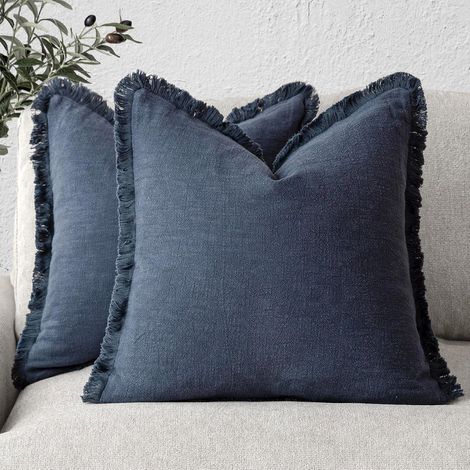 Ensemble de 2 coussins décoratifs, franges en lin, style bohème champêtre et chaleureux, housse de coussin à pompons, coussins d'appoint doux pour canapé-lit, salon, décoration intérieure, 50 x 50 cm