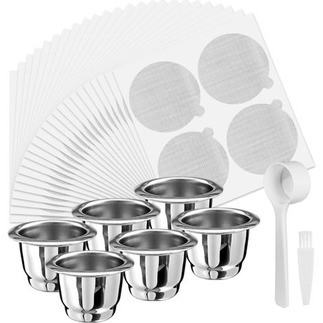 Juego de 6 cápsulas de café reutilizables de acero inoxidable, compatibles con Nespresso OriginalLine, kit completo.