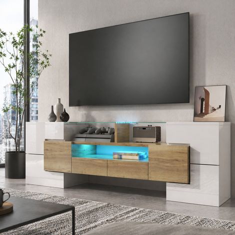 Meuble TV lowboard 145 cm avec LED, surface en verre, blanc et bois DESVIAE (1/5)
