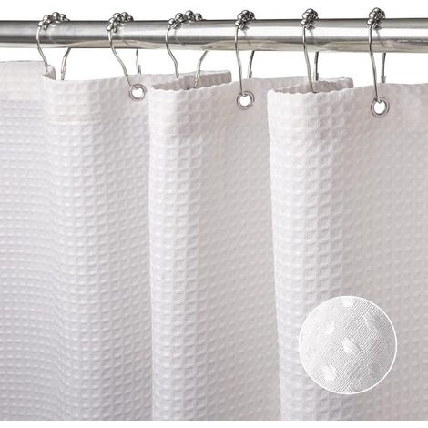 Cortina de ducha tipo gofre de 180x180 cm (blanca) con anillas metálicas, cortina de ducha para bañera antimoho, cortina de baño de tela resistente para bañera. (1/5)