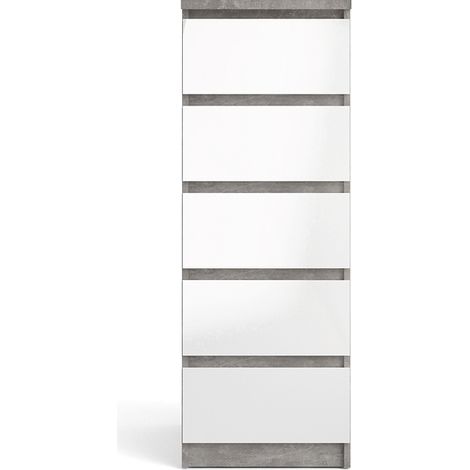 Nada Kommode hoch und schmal mit 5 Schubladen, beton dekor,weiss hochglanz.