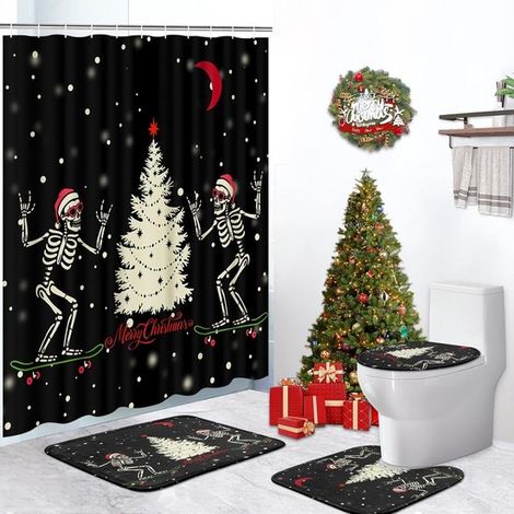 4-teiliges Weihnachts-Badezimmer-Set Lustiger Totenkopf-Weihnachtsmann schwarz Duschvorhang Badematten Accessoires Winterliche Festtagsdekoration (1/5)