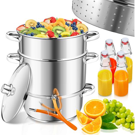 Randaco Exprimidor a vapor de 8 l de acero inoxidable con 4 botellas con tapón de clip: exprimidor para frutas y verduras, Ø 26 cm, apto para lavavajillas, para todo tipo de cocinas, incluidas las de (1/5)