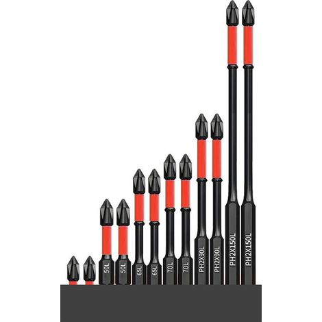 Kit de 12 embouts de tournevis magnétiques en acier S2 rouge antidérapant, résistant aux chocs, avec pointe cruciforme et socle à aimant en gel silicone antidérapant