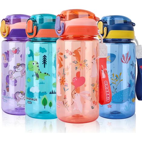 Gourde pour enfants avec paille, 600 ml, idéale pour l'école, étanche, sans BPA, en Tritan, rose et orange, motif lapin. (1/5)