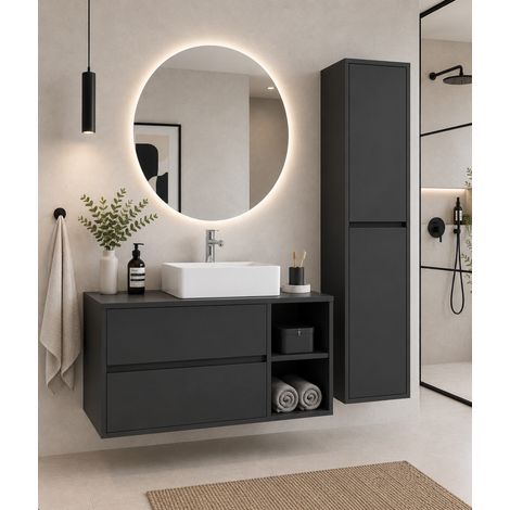 Meuble de salle de bain avec plan bois et vasque à poser ORIGENBATH ZEUS sans miroir 80x45 cm À droite graphite avec colonne