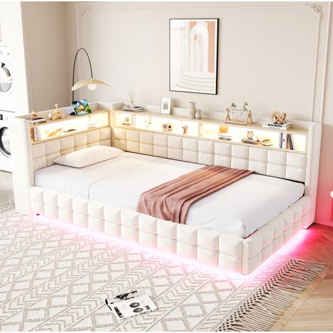 Lit coffre capitonné 90 x 200 cm avec LED, prises USB-C, étagères, velours beige (1/5)
