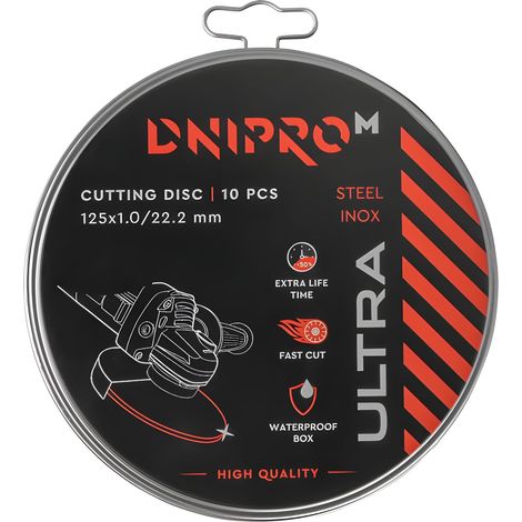 Pack de 10 discos de corte Dnipro-M ULTRA para metal, 125 x 1 x 22,2 mm, reforzados, con caja metálica (1/4)