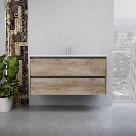 Inda - Badezimmerschrank 2 Schubladen B.120 mit glänzendem Waschbecken / Natureiche - Smeraldo