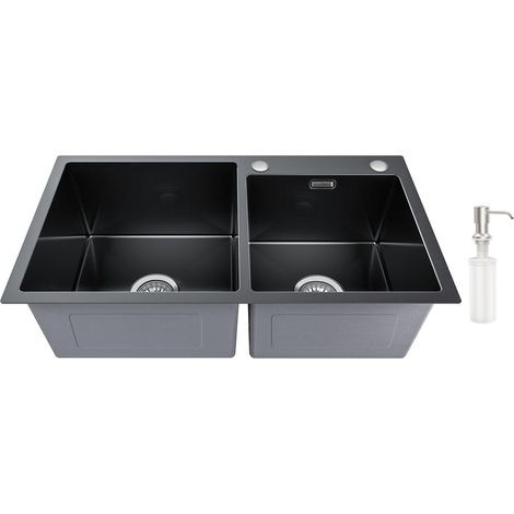 Fregadero cocina con 2 Senos Gris oscuro, 75 x 45cm Fregadero de cocina de acero inoxidable, Fregadero empotrado Cuadrado con Dispensador de Jabón, Desagüe y Sifón