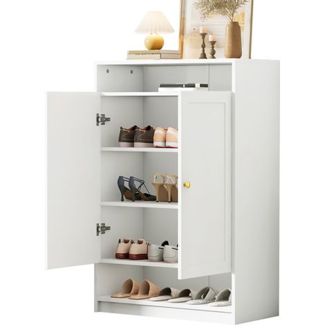 ELVMI Zapatero con 2 Puertas y Estantes Ajustables, Tiradores de Metal, para Recibidor, Blanco, 73 x 34 x 109 cm (1/5)