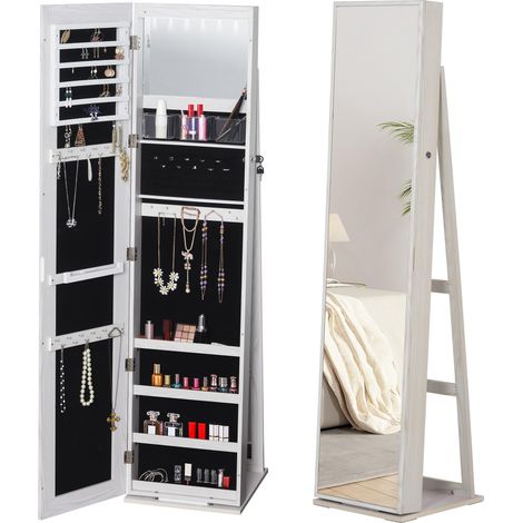 Armoire à bijoux HOMCOM sur pied avec miroir, éclairage LED et serrure, idéale pour la chambre, blanche avec imitation bois.