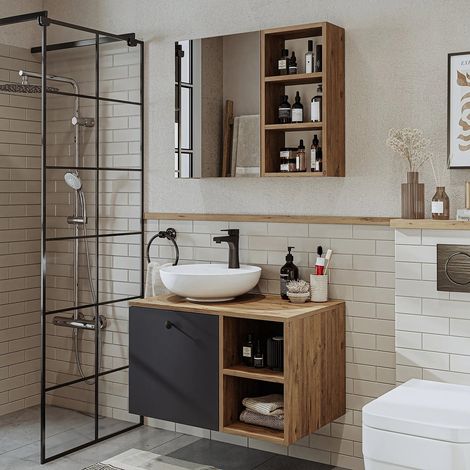 Lotus Bathroom Set of 2, Vanity Unit with Over Counter Wash Basin / Bowl and Mirror Cabinet, 75 cm, Oak Effect and Anthracite (1/5)