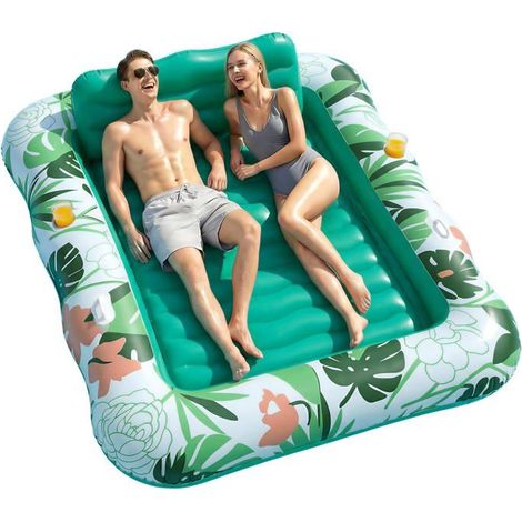 EcoFurnix Matelas Gonflable Piscine 2 Places, 220 x 160 cm, Tanning Pool avec Appuie-Tête Amovible et Porte-Gobelet, Vert (1/5)