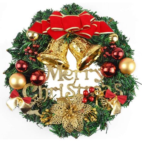 Couronne De Noël - Boules Festives - Ruban Et Clochettes - Décoration Porte Mur Cheminée - 40 Cm - 1 Pièce (1/5)
