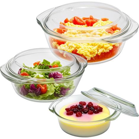 Lot de 3 Cocottes Rondes en Verre avec Couvercle, 0,7 L / 1,5 L / 2 L, Plats à Gratin en Verre Borosilicaté Transparent, Résistants au Four et au Lave-Vaisselle, pour Cuisson, Service et Conservation (1/5)