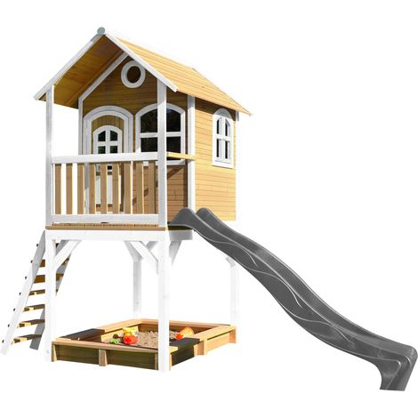 Axi Sarah Maison Enfant Avec Bac À Sable & Toboggan Gris  Aire De Jeux Pour L'Extérieur En Marron & Blanc  Maisonnette / Cabane De Jeu En Bois Fsc