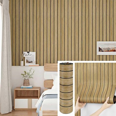 Panneaux Muraux Adhesif 3D Effet Bois Pour Salon Chambre Panneau Mural Decoratif PVC Parement Mural Interieur Panneaux Acoustiques Papier Peint Autocollant (Marron Clair, 30CM x 300CM) (1/5)