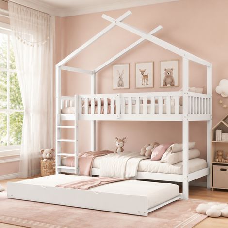Hausbett Kinderbett Jugendbett, 90x200 cm, drei Betten, Ausziehbar, Platzsparendes Design, Weiß[OLD SKU:32604345AAW] (1/5)