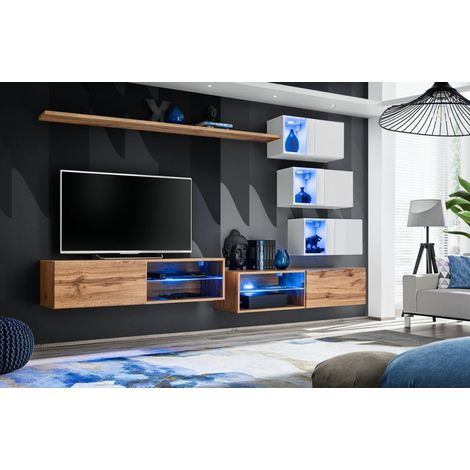 Ensemble meuble TV mural Switch XXIV - L 260 x P 40 x H 170 cm - Marron et blanc - Livraison gratuite