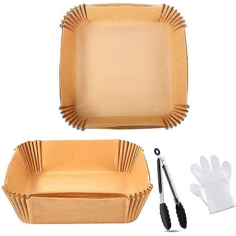 Luftfritteusen-Einweg-Papiereinlage, 50 Stück 7,9-Zoll-Luftfritteusen-Pergamentpapier mit Zange und 100 Stück Handschuhen F (1/5)