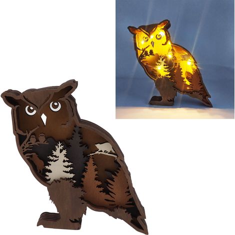 Décorations de Noël créatives en bois pour la maison, lampes d'animaux en bois sculpté en 3D, hibou creux. (1/5)