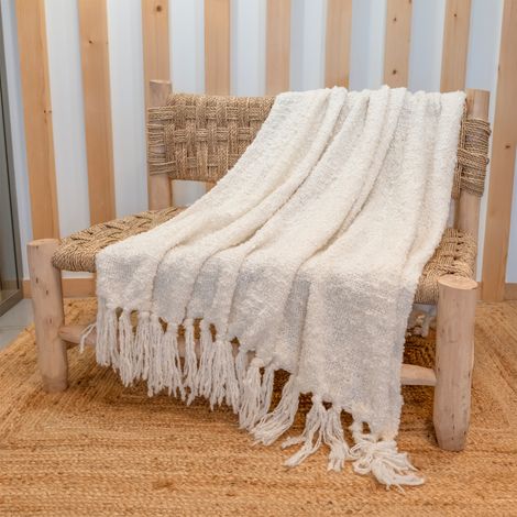 Plaid bouclette doux avec franges Ecru 130x180 cm