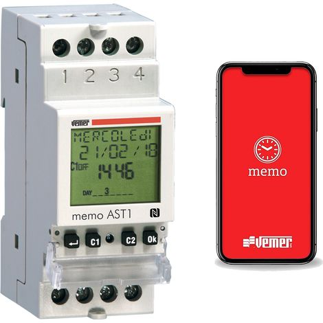 Interrupteur crépusculaire astronomique VE344800 – Alimentation 230V AC – Programmation quotidienne/hebdomadaire – Interface NFC – Montage sur barre DIN – Vemer