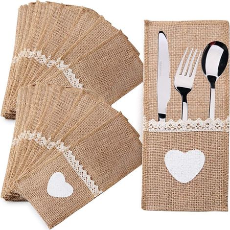 40pcs Burlap Lace Cutlery Holder Table Knife Bag Cutlery Pouch Tableware Accessory Supplies Vintage Table Decoration for Dinner Party Wedding