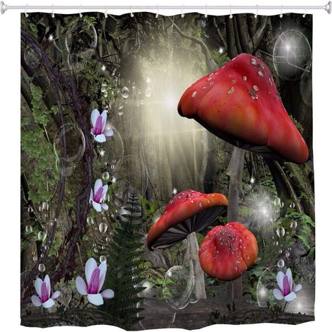 Forêt Magique Fleurs De Champignons Rouges Enchanté 3D Scène De Conte De Fées Imprimer Tissu Imperméable Rideau De Douche en Polyester Rideau De Douche avec Crochets Anneaux 150x180 cm (1/3)