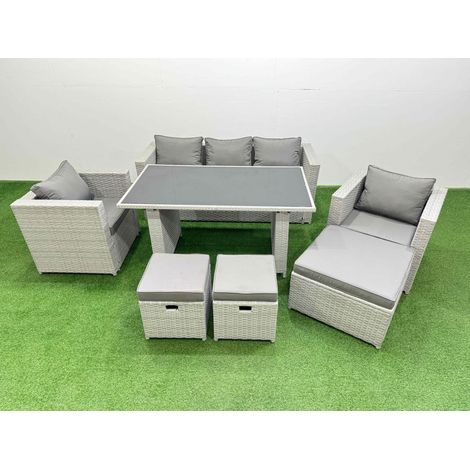 Fimous Patio Garden Furniture Sets with Black Glass Top Dining Table Armchair 3 Seater Sofa 3 Stool Light Grey (1/4)