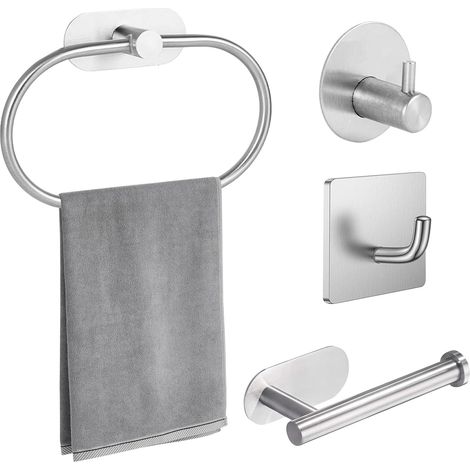Lot de 4 accessoires de salle de bain - Porte-rouleau de papier toilette auto-adhésif, porte-serviettes ovale et 2 crochets, en acier inoxydable, sans perçage (argenté) (1/5)